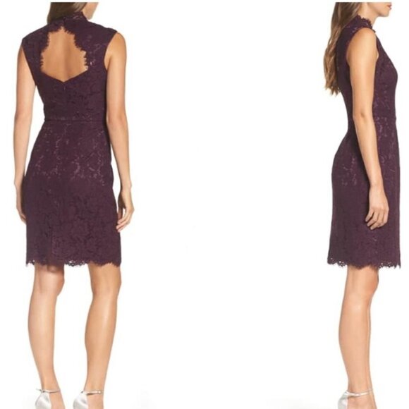Vince Camuto Plum Purple Lace Mock Neck Open Back Sheath Dress 12 - Picture 1 of 6